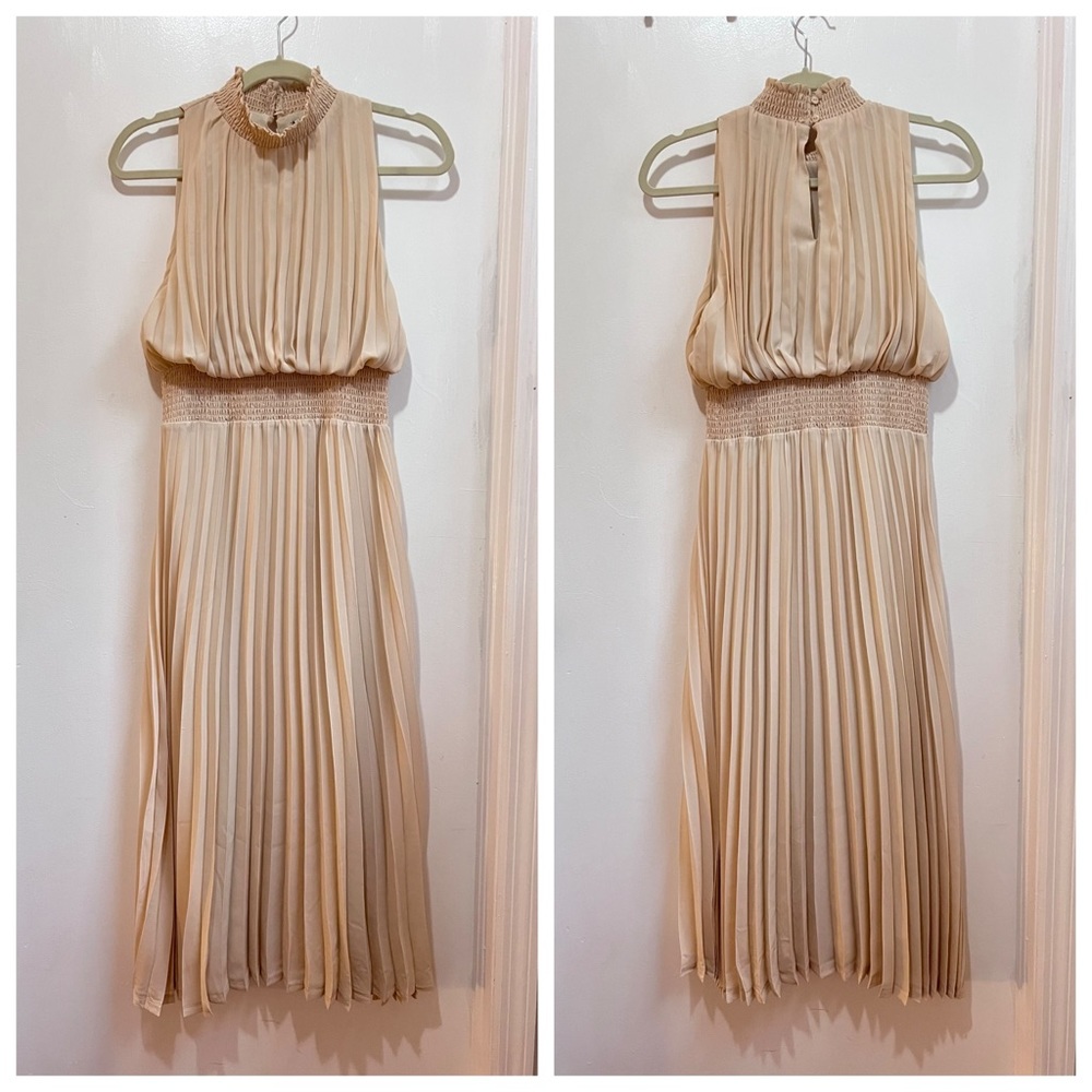 Sophisticated Pleated Beige Midi Dress, sleeveless, Size Small